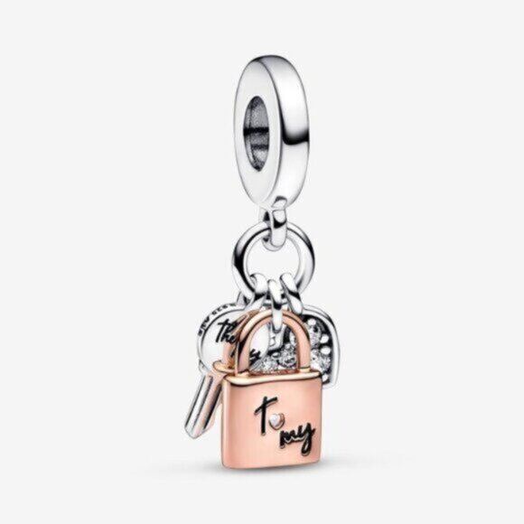 Pandora Two-tone Key, Padlock & Heart Triple Dangle Charm - Picture 1 of 3
